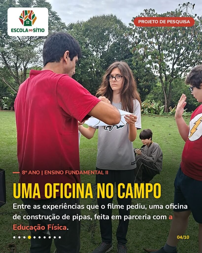 Professor Zuza orienta estudantes na oficina de construção de pipas no campo