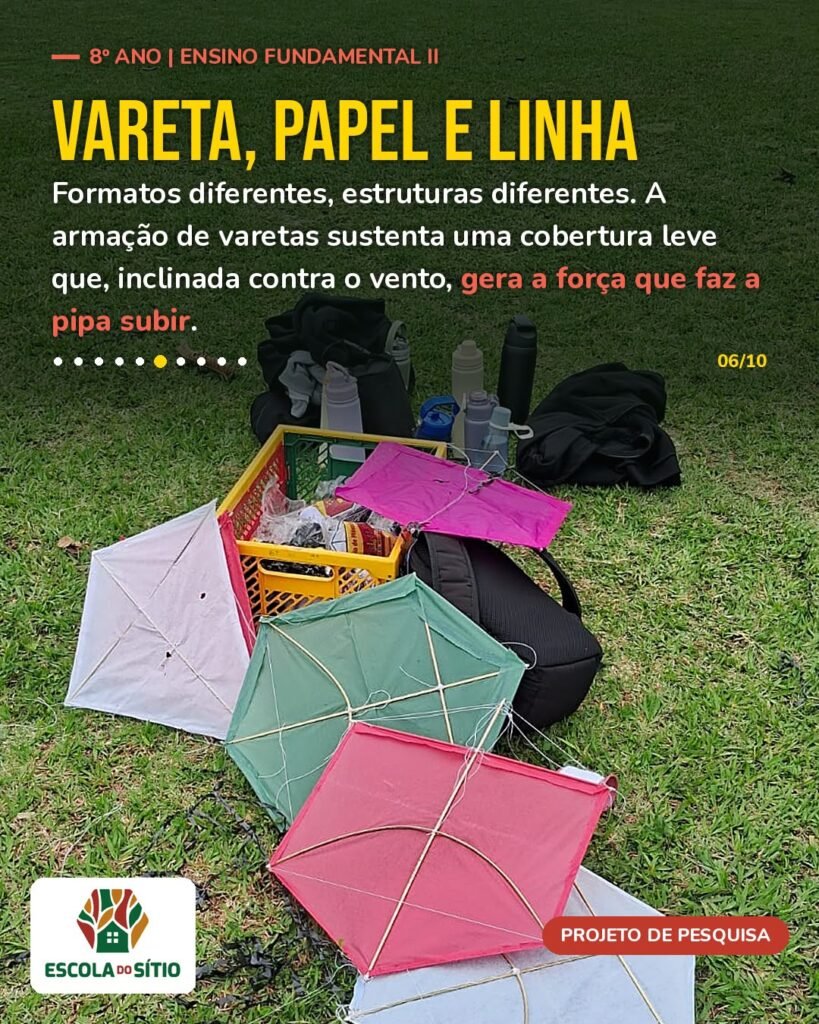 Pipas coloridas de papel, vareta e linha montadas pelos estudantes sobre a grama