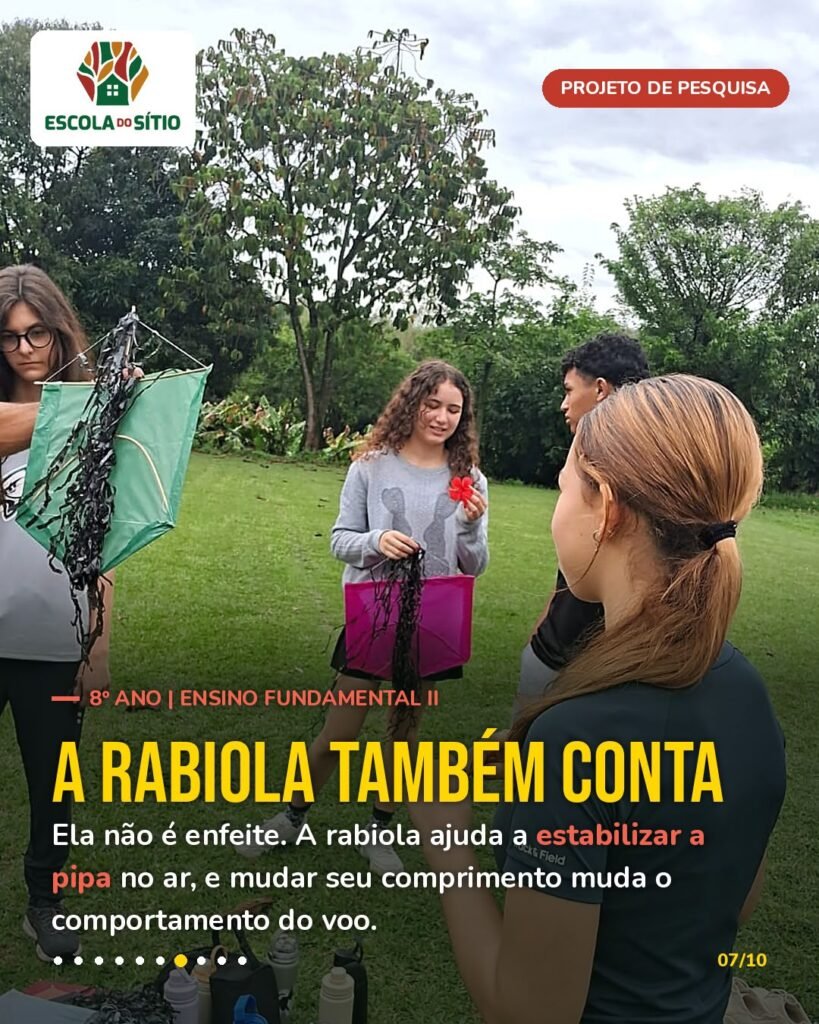 Estudantes seguram pipas com rabiolas longas de plástico preto