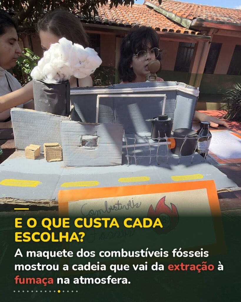 Maquete dos combustíveis fósseis com usina, fumaça de algodão e estrada