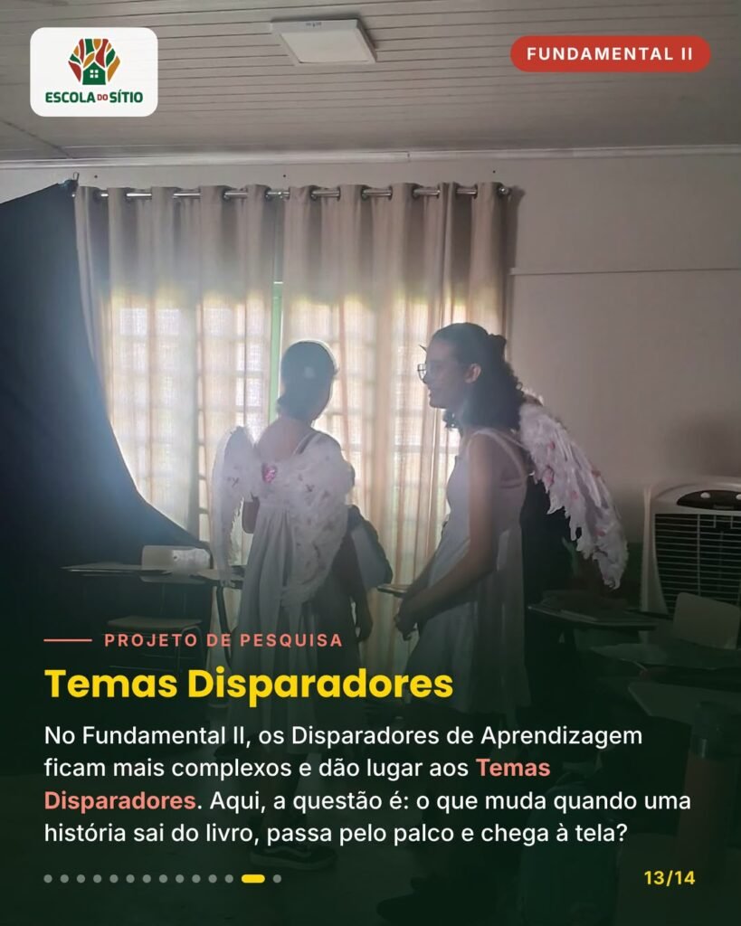 Estudantes com asas de anjo em sala de aula durante o ensaio