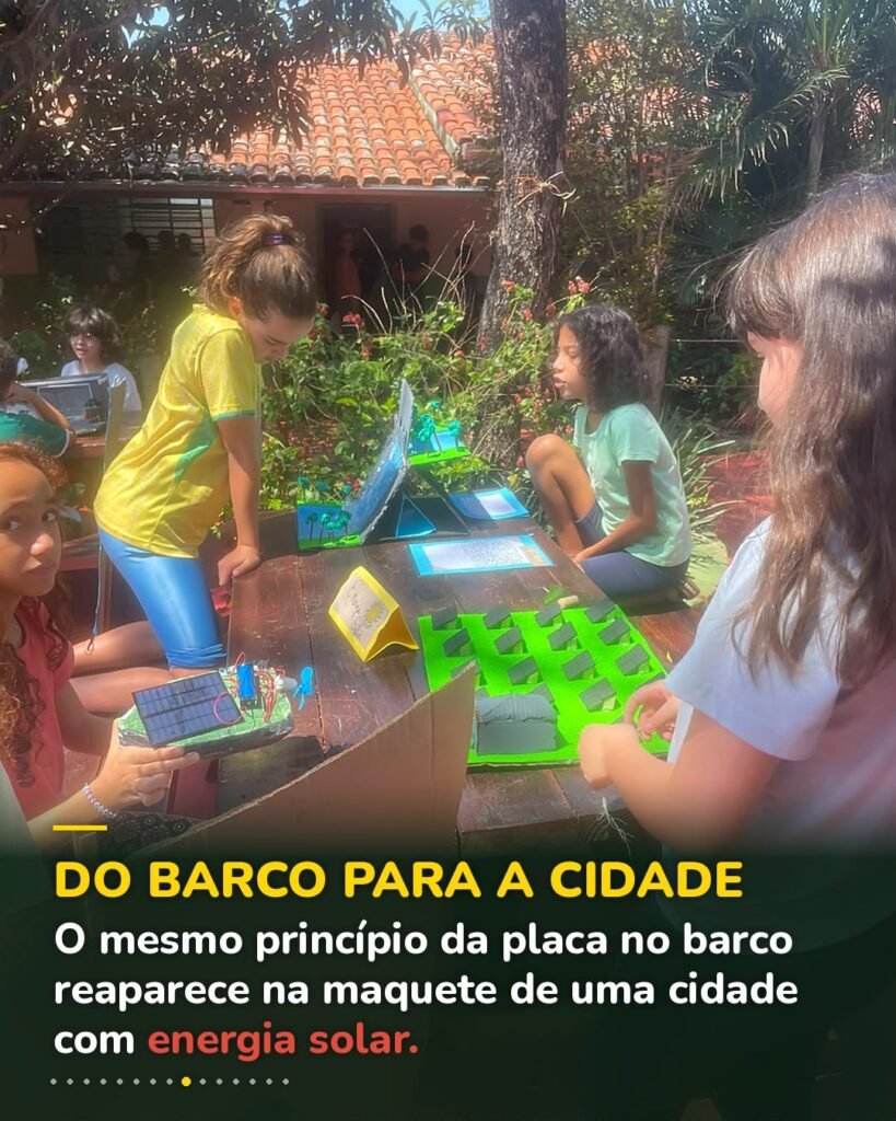 Maquete de cidade com placas solares e barco com placa solar na mesa da turma