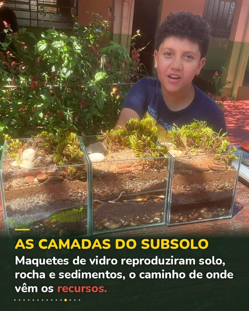 Estudante apresenta maquetes de vidro com as camadas do subsolo: solo, rocha e sedimentos